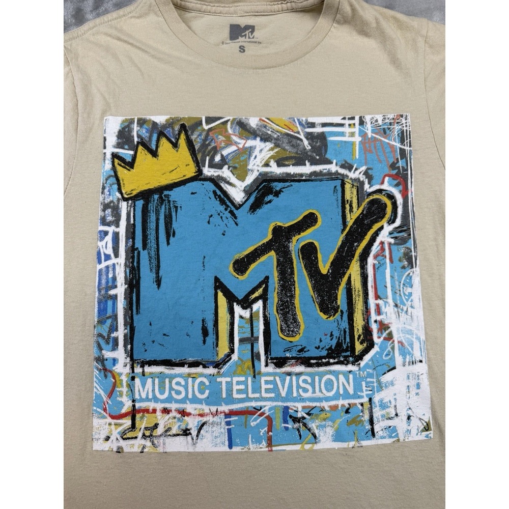 MTV Music Television T-Shirt Women's Size Small Tan with Multi Color Graphic T